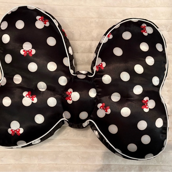 Disney Other - Disney Parks Minnie Mouse Bow Throw Pillow Black Satin White Polka Dots